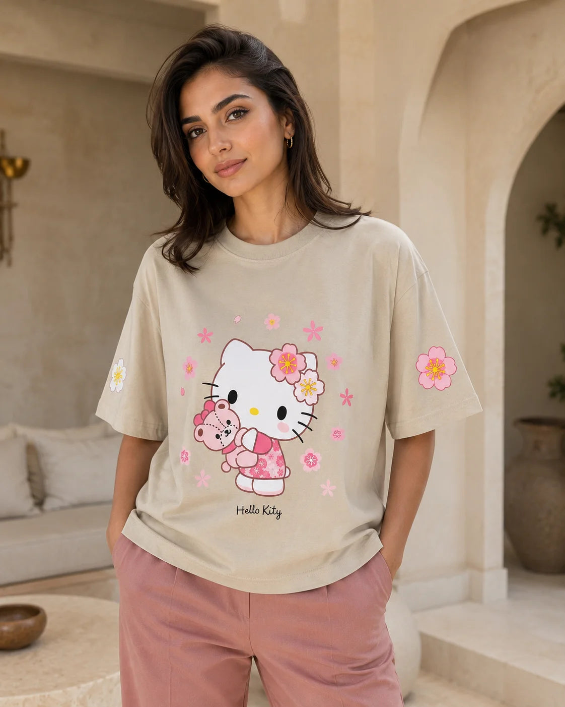تيشيرت أوفر سايز هيلو كيتي - Beige