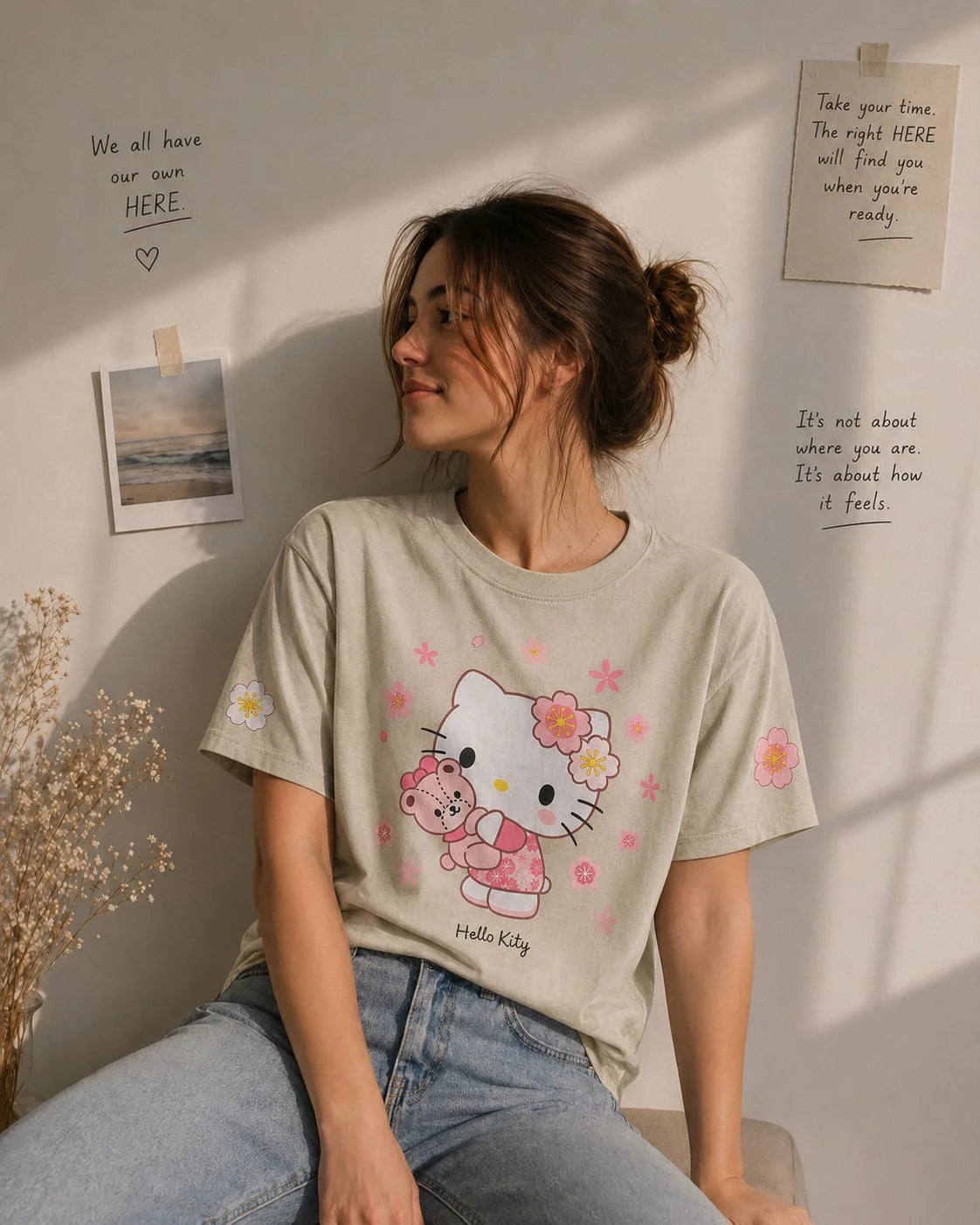 تيشيرت أوفر سايز هيلو كيتي - Beige