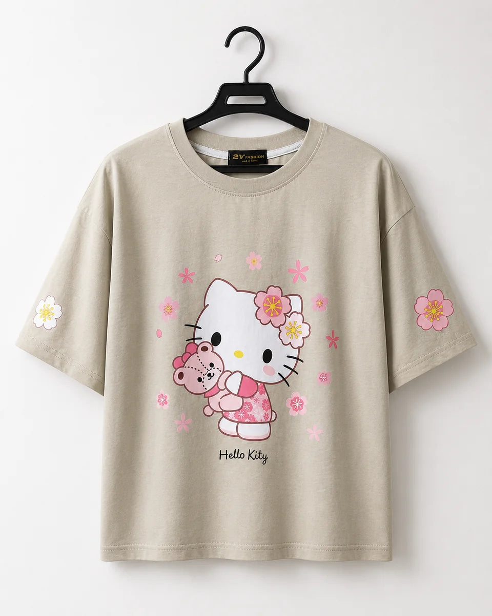 تيشيرت أوفر سايز هيلو كيتي - Beige
